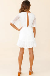 Leona Half Sleeve Frill Trim Dress Leaf Embroidered White